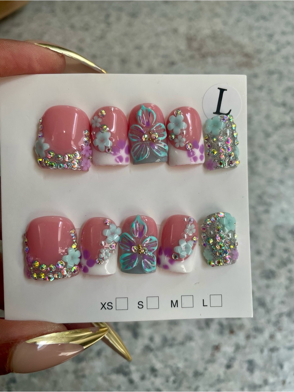 3D Floral Pink Press-On Nail Set with Rhinestones